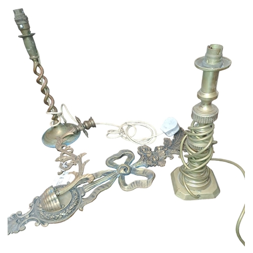 801 - A BOXED LOT to include a pair of vintage brass spiral twist candlesticks, a brass strip light, etc.