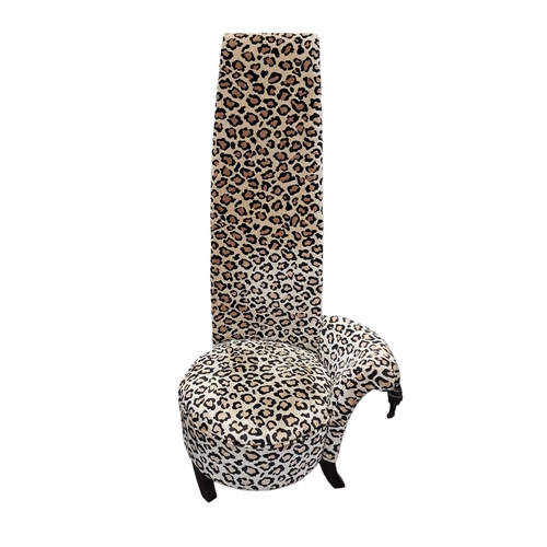 808 - A DESIGNER UPHOLSTERED LEOPARD PRINT HIGH BACK CHAIR on ebonized splayed feet