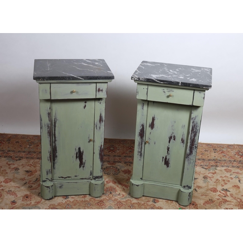 87 - A PAIR OF SHABBY CHIC PEDESTALS each of rectangular outline with veined marble tops and frieze drawe... 