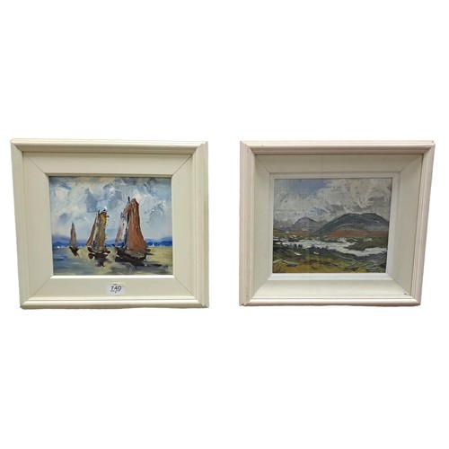 740 - MOUNTAIN AND LAKE SCENE
Oil on panel 
unsigned
25cm (h) x 29cm (w) 
together with SEASHORE WITH SAIL... 