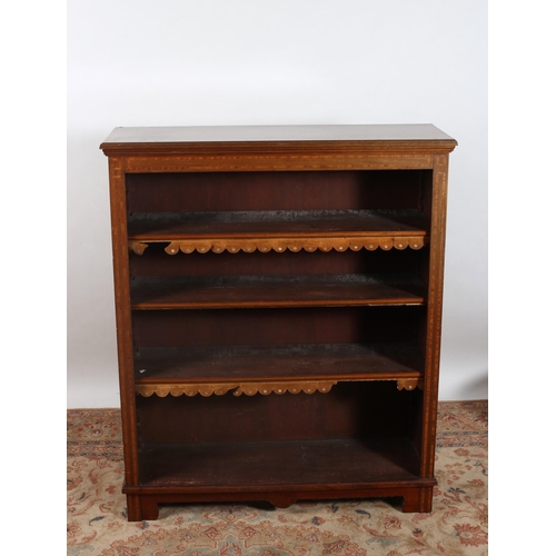 345 - AN EDWARDIAN MAHOGANY AND SATINWOOD INLAID OPEN FRONT BOOKCASE of rectangular outline the shaped top... 