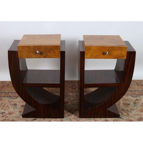 521 - A PAIR OF ART DECO DESIGN WALNUT AND KINGWOOD PEDESTALS each of rectangular stepped form the frieze ... 