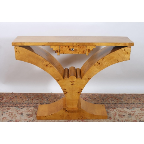 529 - AN ART NOUVEAU DESIGN WALNUT CONSOLE TABLE of rectangular outline the shaped top with frieze drawer ... 