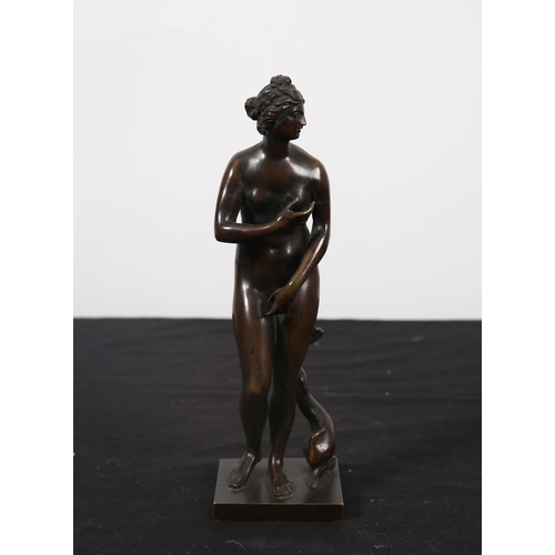 120 - A 19TH CENTURY BRONZE FIGURE modelled as Venus shown standing with a dolphin by her side 
22cm (h)