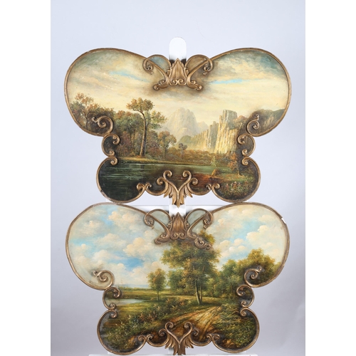 142 - CONTINENTAL SCHOOL
Extensive Wooded Landscape and
Riverscape with Mountains
Oil on panels 
In gilt s... 