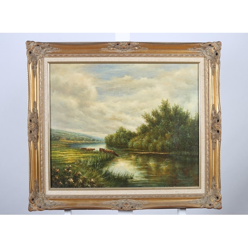 153 - KENNETH DAWSON 
Riverscape with Cattle Watering
Oil on canvas
50cm (h) x 59cm (w)