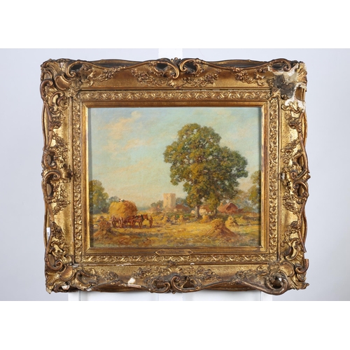 156 - after H. HUGHES STANTON 
Hay Raking Kent
Oil on canvas
Bears label 
34cm (h) x 40cm (w)