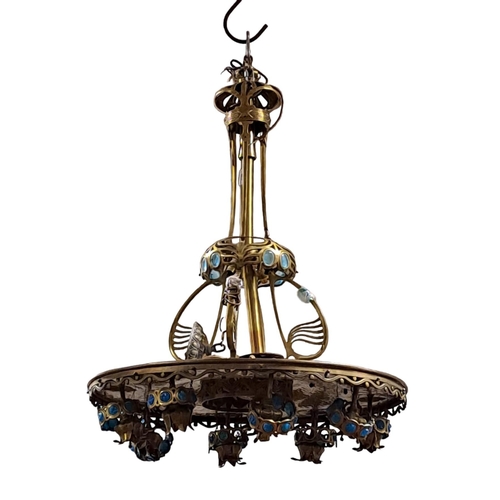 171 - AN ART DECO DESIGN BRASS CENTRE LIGHT the openwork suspension with glazed panels above a circular di... 