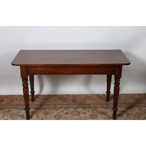 190 - A 19TH CENTURY MAHOGANY SIDE TABLE of rectangular outline the shaped top with moulded apron on turne... 