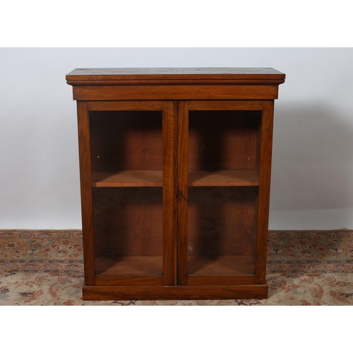 192 - A 19TH CENTURY WALNUT DISPLAY CABINET of rectangular outline the shaped cornice above a pair of glaz... 