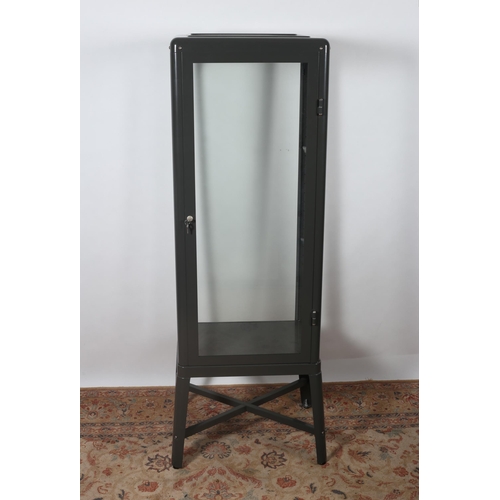 197 - A GREY METAL AND GLAZED DISPLAY CABINET of rectangular outline on splayed legs joined by cross stret... 