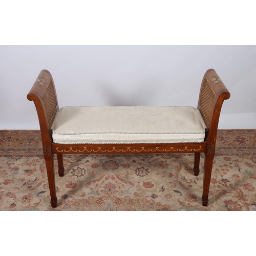 202 - A MAHOGANY AND POLYCHROME DUET STOOL of rectangular outline with caned panel ends with loose cushion... 