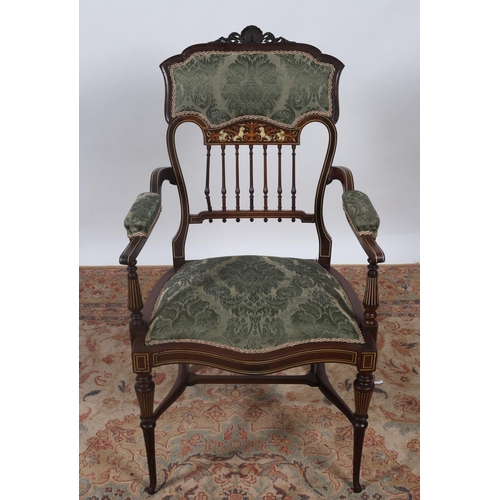 247 - AN EDWARDIAN MAHOGANY INLAID AND UPHOLSTERED ARMCHAIR the shell carved cresting above an upholstered... 