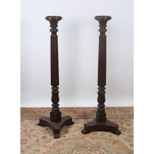 253 - A PAIR OF 19TH CENTURY MAHOGANY TORCHERES each with a circular dished top above a lobed and leaf cap... 