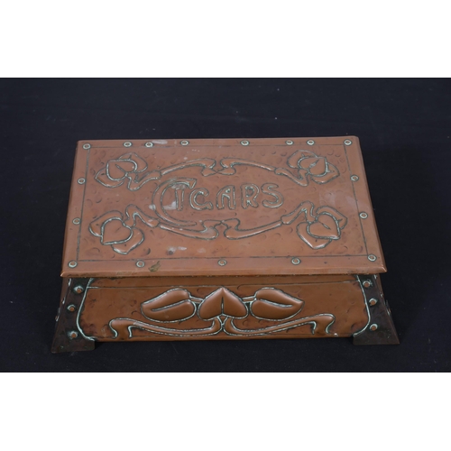 264 - AN ART NOUVEAU DESIGN COPPER EMBOSSED CIGAR BOX of rectangular form with hinged lid 
9cm (h) x 30cm ... 