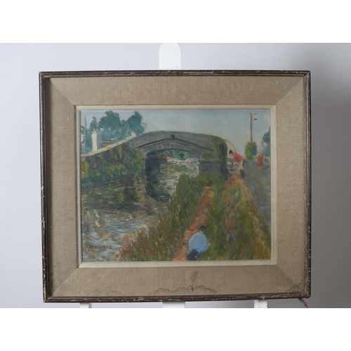 293 - DOWNES 
CAUGHT IN THE WEEDS
Canal Scene with Bridge and Figures
Oil on board
Signed lower left
41cm ... 