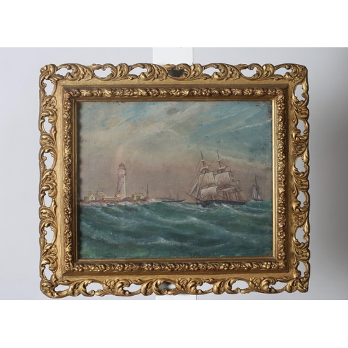 298 - A. GOODALL 
Seascape with Sailing Boats and Lighthouse
Oil on canvas laid on board
Signed lower left... 