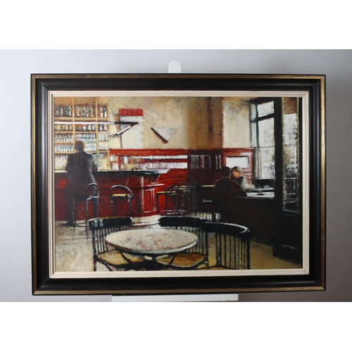 308 - CLIVE MCCARTNEY
Café Central Madrid Figure
Oil on board
Bares label verso 
82cm (h) x 117cm (w)