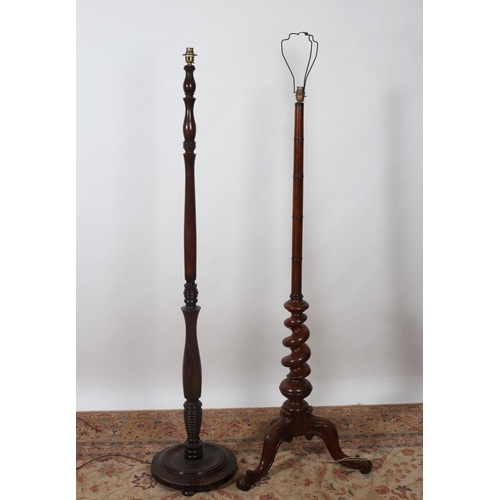 339 - A MAHOGANY STANDARD LAMP the turned and spiral twist column on tripod support with scroll toes toget... 