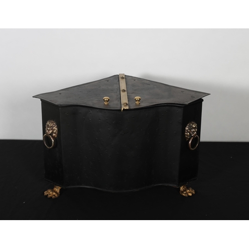 351 - A VINTAGE BLACK METAL AND BRASS FUEL BIN of serpentine outline the hinged lid containing a zinc line... 