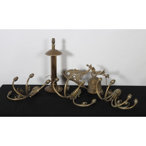 360 - A SET OF THREE BRASS FOUR BRANCH WALL LIGHTS with foliate cast scroll arms together with A BRASS WAL... 