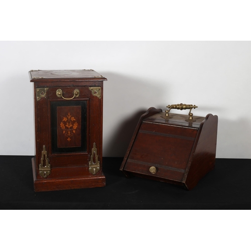 368 - A VINTAGE OAK AND BRASS BOUND FUEL BIN of rectangular outline the shaped top with hinged compartment... 