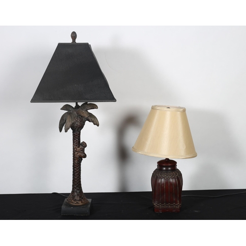 412 - A CAST METAL TABLE LAMP in the form of a palm tree on black marble base with shade 
88cm (h) 
togeth... 