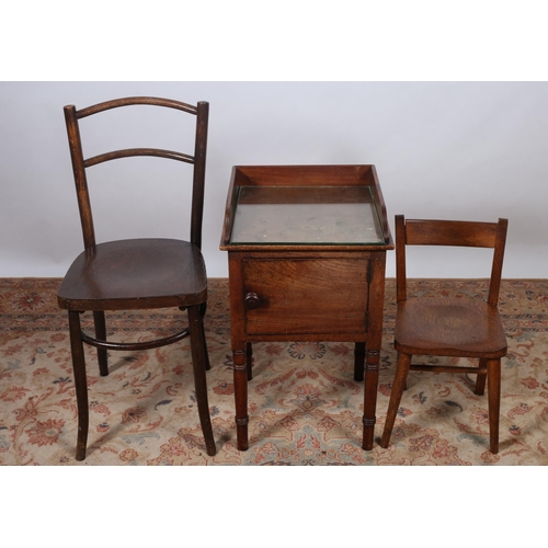 422 - A 19TH CENTURY MAHOGANY POT CUPBOARD, a vintage bentwood chair, a vintage oak child's chair (3)