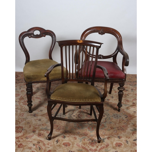 423 - A VICTORIAN MAHOGANY ELBOW CHAIR together with a Victorian mahogany side chair, an Edwardian mahogan... 