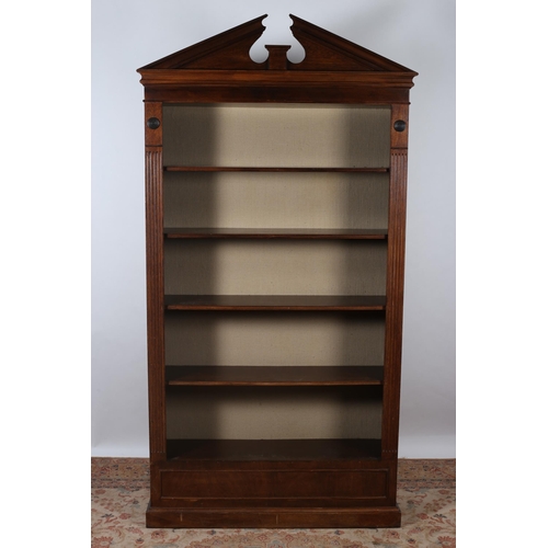 431 - A GEORGIAN DESIGN MAHOGANY OPEN FRONT BOOKCASE the architectural pediment above five open shelves be... 