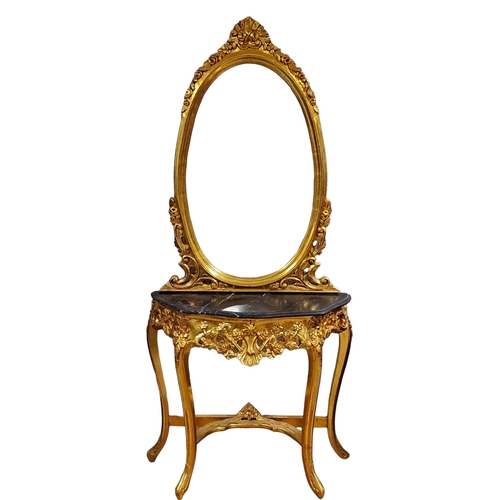 433 - A CONTINENTAL GILTWOOD AND MARBLE CONSOLE TABLE AND MIRROR the oval plate within a moulded flowerhea... 