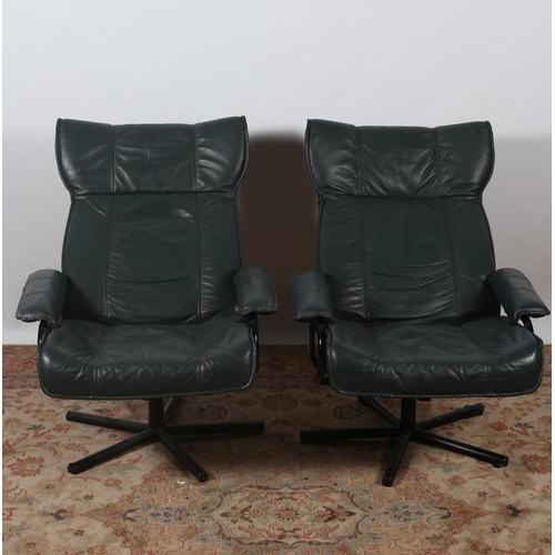 444 - A PAIR OF KEBE DENMARK GREEN HIDE UPHOLSTERED AND TUBULAR ARMCHAIRS with  adjustable backs each on t... 