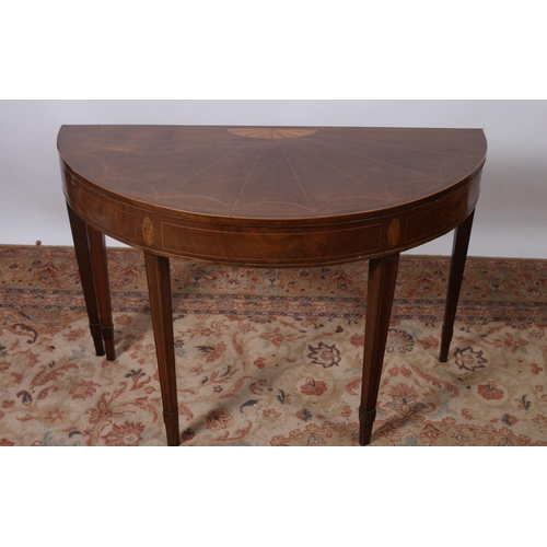 460 - A 19TH CENTURY MAHOGANY AND SATINWOOD INLAID SIDE TABLE of demi lune outline the shaped top above a ... 