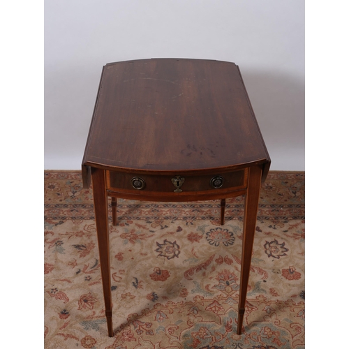 464 - A 19TH CENTURY MAHOGANY AND SATINWOOD INLAID DROP LEAF TABLE the oval hinged top with frieze drawer ... 