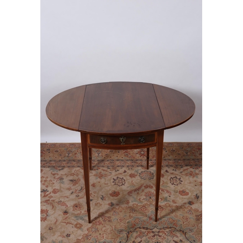 464 - A 19TH CENTURY MAHOGANY AND SATINWOOD INLAID DROP LEAF TABLE the oval hinged top with frieze drawer ... 