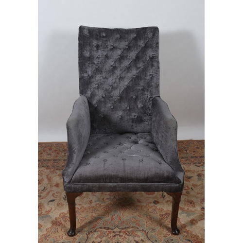 469 - A 19TH CENTURY MAHOGANY AND UPHOLSTERED EASY CHAIR with deep buttoned upholstered back and seat with... 