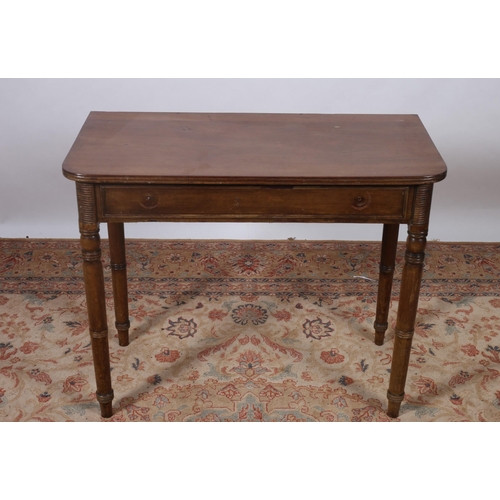 471 - A 19TH CENTURY MAHOGANY SIDE TABLE of rectangular outline the shaped top with reeded rim on turned l... 