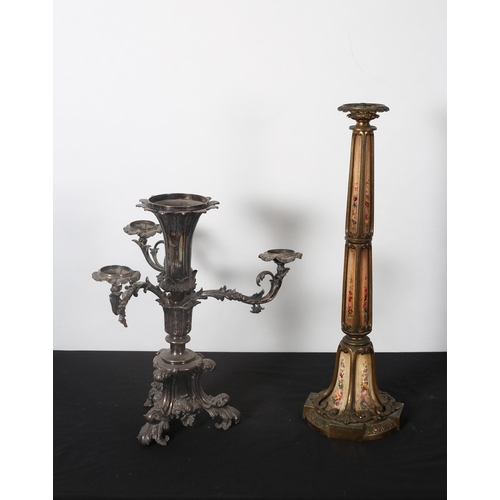 486 - A 19TH CENTURY FIVE BRANCH CANDELABRUM the reeded and foliate cast column issuing three leaf cast sc... 