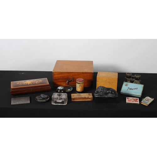 493 - A VINTAGE MAHOGANY CASE, a vintage money box, a vintage cigarette box inscribed 'Players', a pair of... 