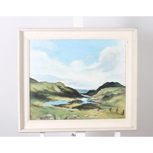 517 - K. MARTIN 
Seascape with Mountains 
Oil on board 
Signed lower right
50cm (h) x 59cm (w)