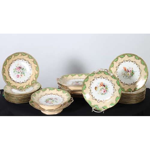 576 - A TWENTY FOUR PIECE PORCELAIN HAND PAINTED FRUIT SET the white ground with green and gilt border com... 