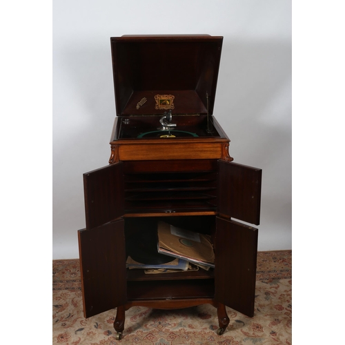 74 - A VINTAGE MAHOGANY CASED GRAMOPHONE inscribed 'His Master's Voice' the rectangular case with hinged ... 