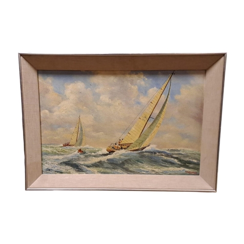 848 - GERARD MARJORAM 
Sailing in Rough Seas
Oil on board
Signed lower right
36cm (h) x 58cm (w)