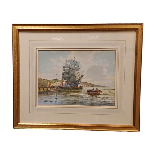 849 - J.D. BELL 
Harbour Scene with Sailing Boats
Watercolour 
On Placid Waters
Southern Coast of Ireland
... 