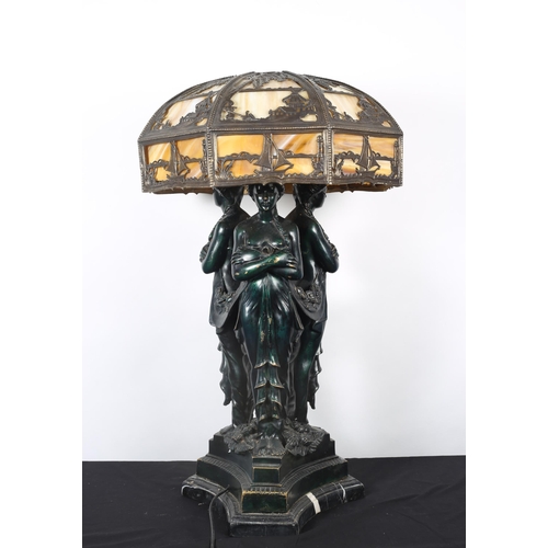 87 - A BRONZE FIGURAL TABLE LAMP with Tiffany design shade with brass decoration depicting windmills, fig... 