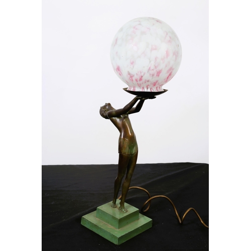 96 - AN ART DECO BRONZE FIGURAL TABLE LAMP modelled as a female shown standing holding a globe aloft rais... 