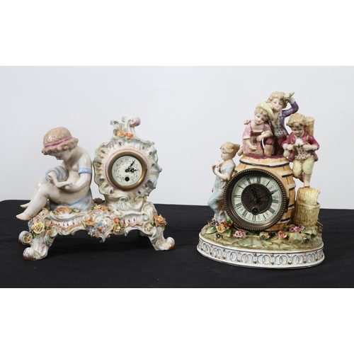 97 - A CONTINENTAL FLOWER ENCRUSTED PORCELAIN MANTEL CLOCK the circular drum with enamel dial flanked by ... 