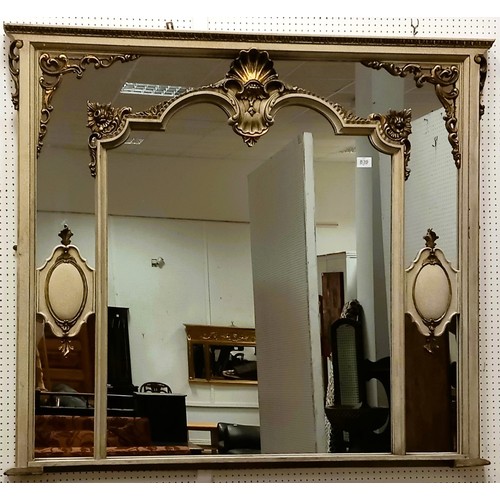 836 - A CONTINENTAL GREY PAINTED AND PARCEL GILT OVERMANTEL MIRROR the rectangular moulded frame containin... 