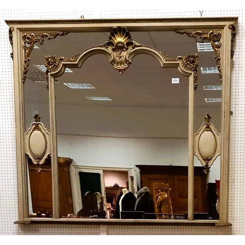 836 - A CONTINENTAL GREY PAINTED AND PARCEL GILT OVERMANTEL MIRROR the rectangular moulded frame containin... 