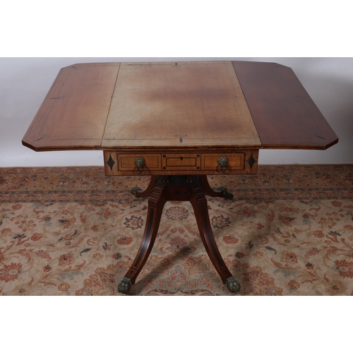 48 - A GEORGIAN MAHOGANY INLAID DROP LEAF TABLE the rectangular hinged top with frieze drawer and opposin... 